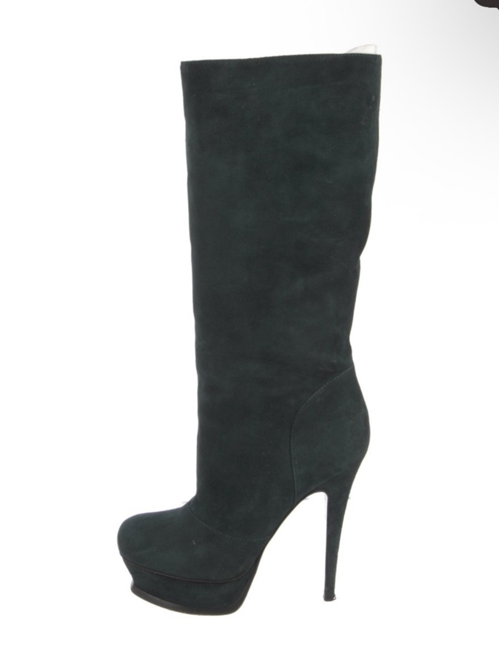Yves Saint Laurent Green Suede Knee-High Platform Stiletto Boots